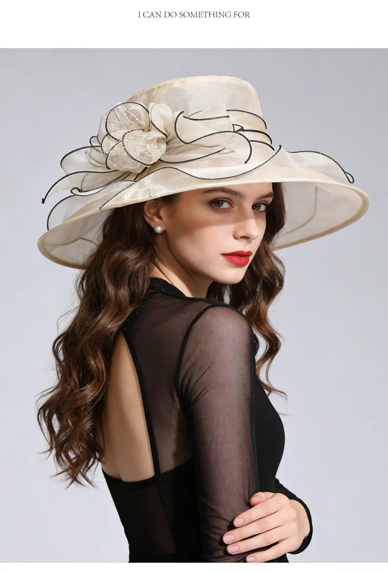  French Vintage Women Foldable Organza Church Derby Hat Ruffles Wide Brim Uv Protection Sun Hat  Ladies Outdoor Styling