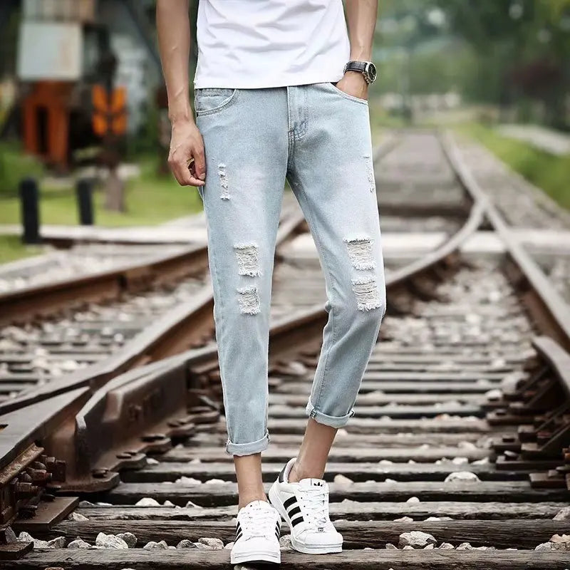 Men's Summer Thin Loose Straight Leg Jeans Casual Nine Point Ankle-Length Torn Elastic Cotton Denim Youth Fashion Wear