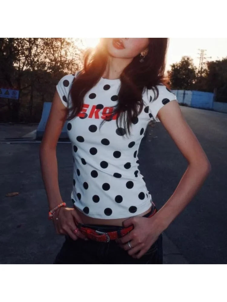 American Vintage Polka Dot Print Ropa Mujer New All-match Slim Exquisite T-shirt Hop Personalized Streetwear Shirts