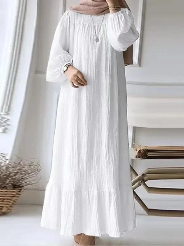 Robe Women's Spring Autumn New Fashion Bubble Sleeves Retro Comfortable Casual Breathable Pocket Ruffle Hem Knee High Dress