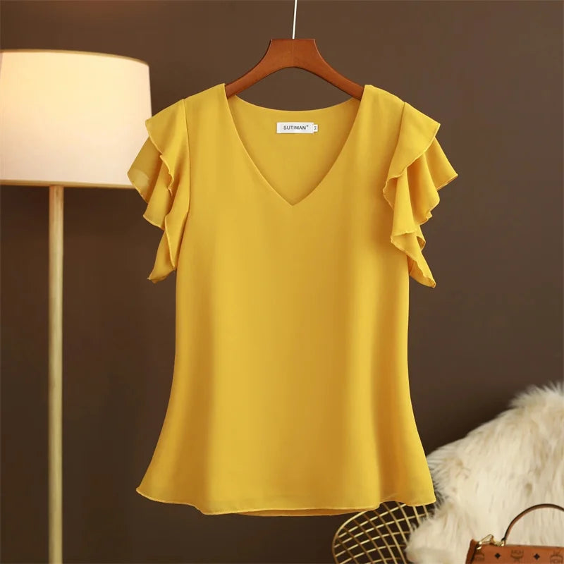 2026 Fashion Summer Dress Women Blouse Top New Short Sleeved V-neck Chiffon T-shirt Women's Loose and Versatile Small Shirt