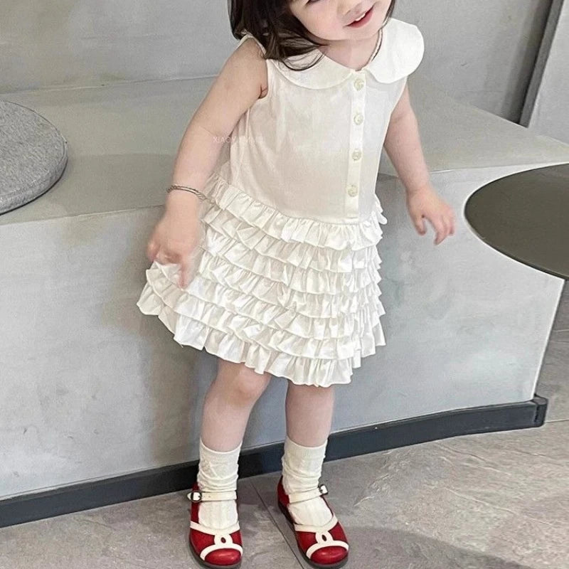 Children's Clothing 2025 Summer New Sweet White POLO Collar Vest Skirt Girls' Patchwork Pleated Cake