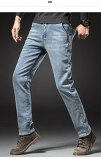 2025 Winter New Men's Fleece Thickened Jeans Retro Blue Hot Straight Casual Pants Stretch Premium Velvet Warm Denim Pants