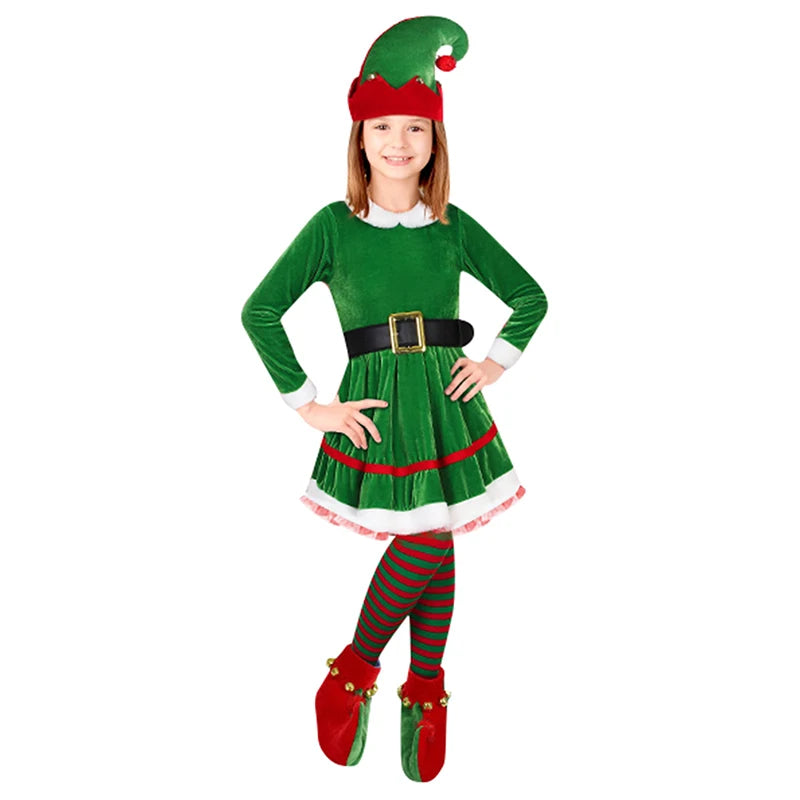 Enfant Christmas Elf Costume Set Velvet Dress Belt Striped High Socks Hat Shoes Xmas Outfit Santa Helper Fancy Dresses 2026