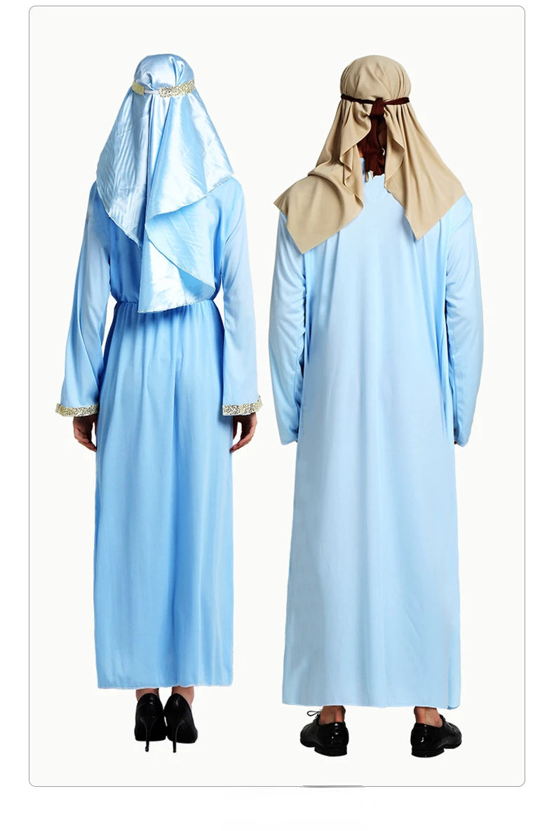Women Men's Chief Arab Girl Arabian Costume Blue White Robe Halloween Cosplay Carnival Fancy Dressed Up