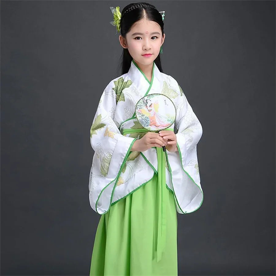 2025 Robe en soie chinoise pour filles, Kimono pour enfants, Costume de danse de chorale Hanfu traditionnel Vintage