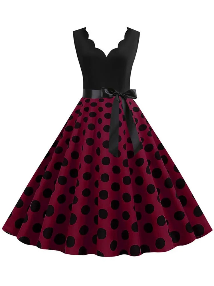 Women Dot Print Dress Summer Sexy V-neck Sleeveless Elegant Vintgae Party Dress Vestidos  S~3XL Robe Femme