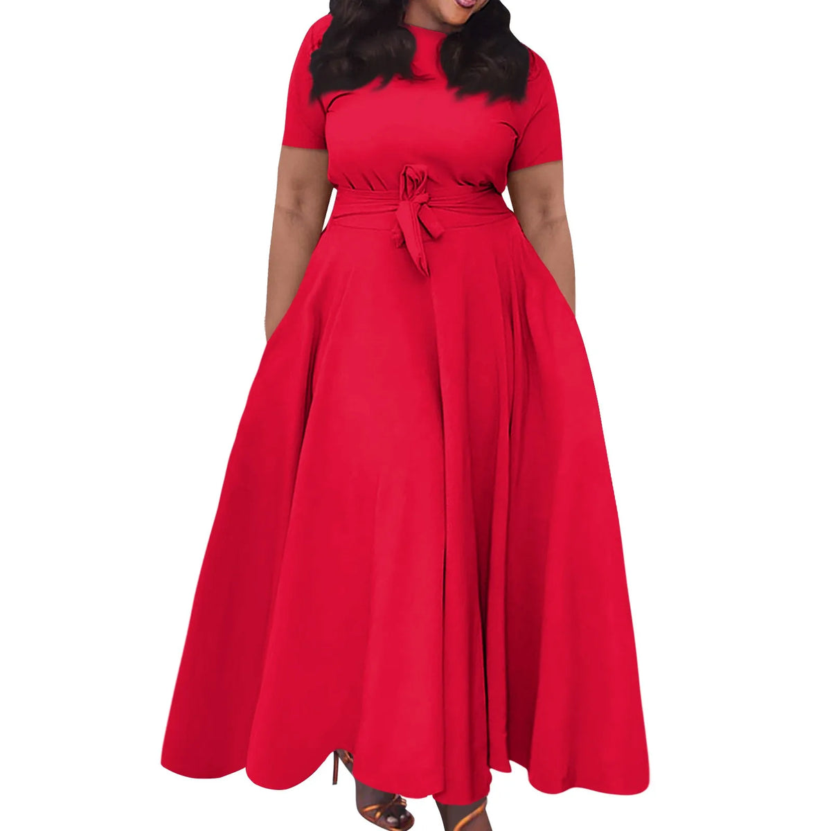 dress for women Casual Fashion Large Size sexy long dresses Solid Color Round Neck dress Short Sleeve Pocket Straps Swing elbise