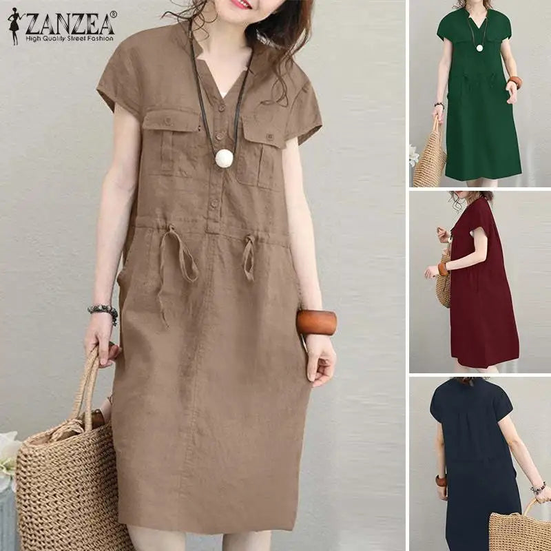 Summer Fashion Short Sleeve Dress ZANZEA Women Casual Drawstring Waist Vestidos Knee-length Robe Femme Elegant OL Work Sundress