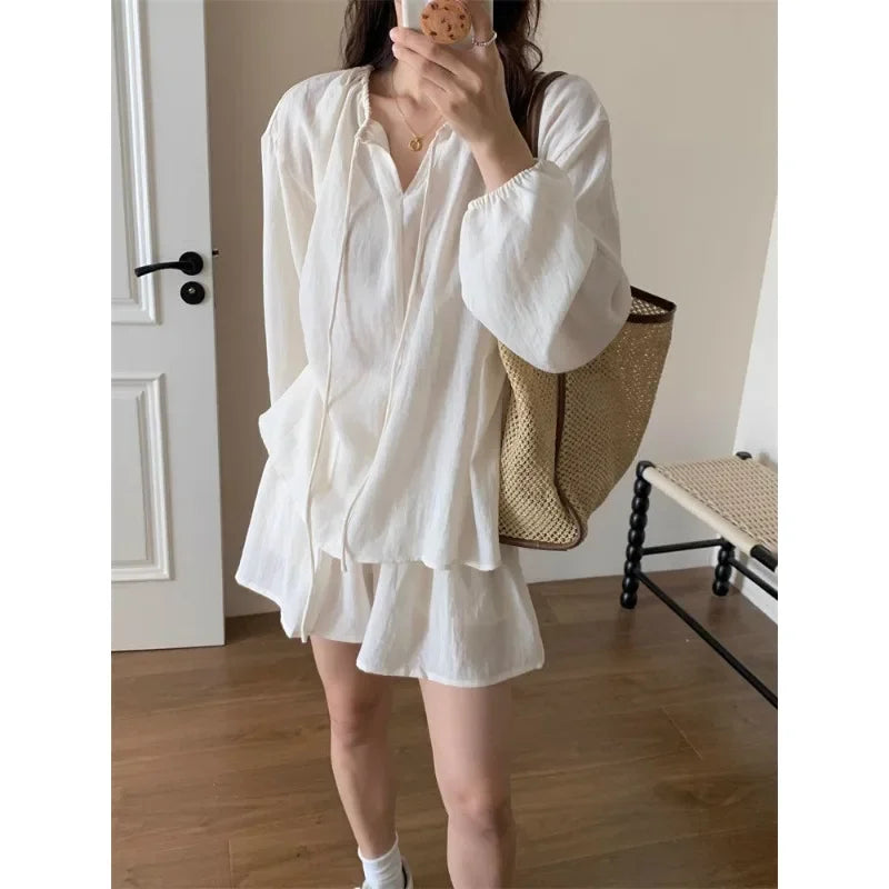 Plus-size Fashionable and Casual Women's Summer Outfit for Plus-size Loose Sunscreen Long-sleeved Top with Shorts Two-piece Set