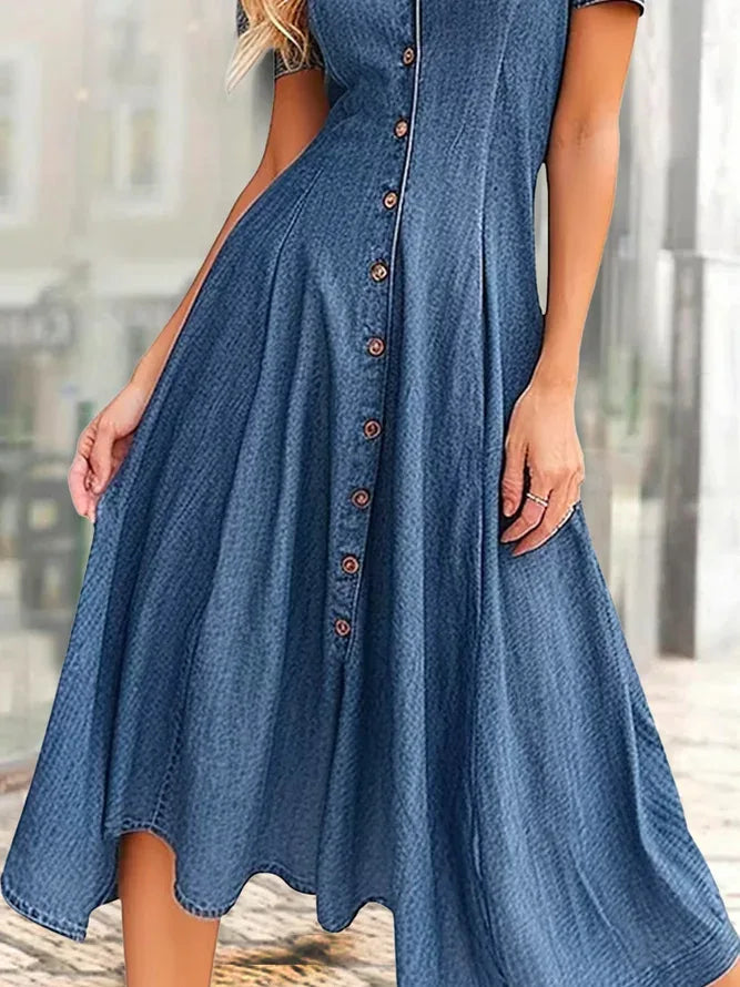 Denim Dress Women Washed Vintage Dresses V Neck Single Breasted Short Sleeve A Line Summer Streetwear Distressed Vestidos