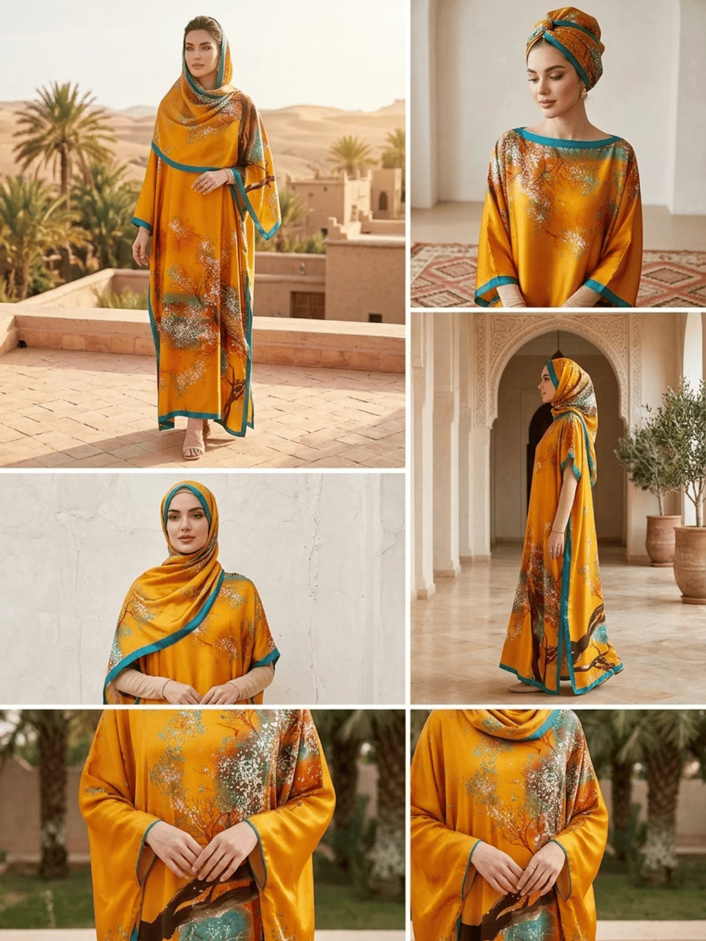 1 Set (Robe + Headscarf) Luxurious Women's Kaftan Robe - Vibrant Yellow Floral Print, Loose Batwing Sleeves, Elegant Long Gown, Suitable for Evening Parties, Beach Vacations, and Everyday Casual Wear