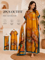 1 Set (Robe + Headscarf) Luxurious Women's Kaftan Robe