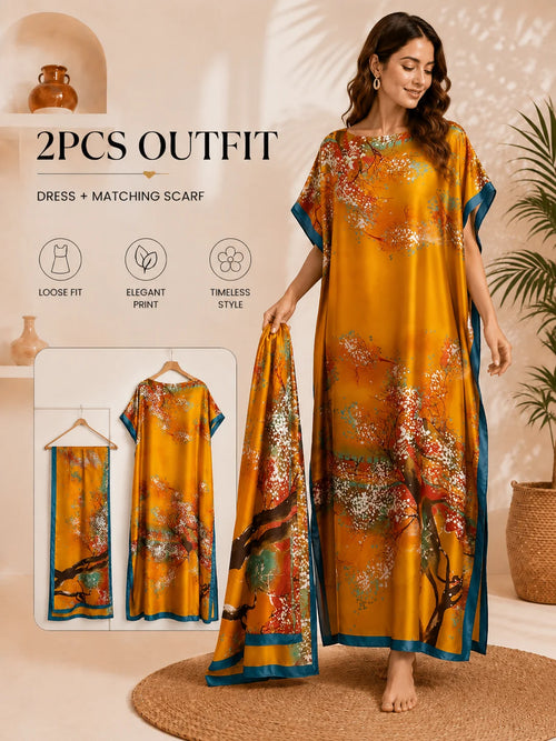 1 Set (Robe + Headscarf) Luxurious Women's Kaftan Robe - Vibrant Yellow Floral Print, Loose Batwing Sleeves, Elegant Long Gown, Suitable for Evening Parties, Beach Vacations, and Everyday Casual Wear