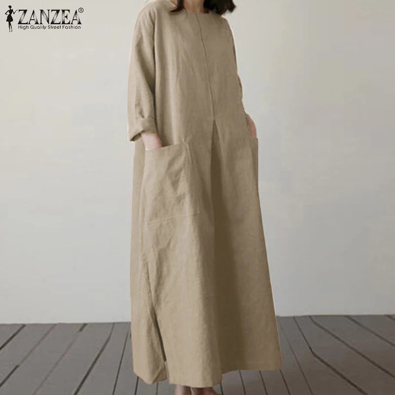 2024 ZANZEA Fashion Summer Vintage Women Solid 3/4 Sleeve Sundress Baggy Loose Casual Dress Oversize Vestidos Kaftan Robe Femme