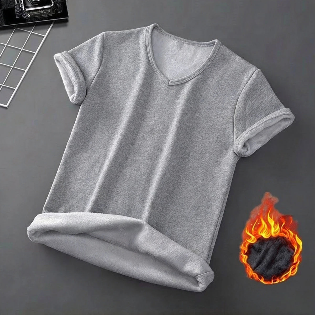 Men Thermal Velvet Shirt Short Sleeve V-Neck Base Shirt Autumn/Winter Thickened Warm Underwear Fleece Lined Slim Half Sleeve Top