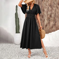 Women Ruffle Solid Pleated Long Dress Chic V Neck Short Sleeved  Black Blue Lace Up Robes Summer Lady High Street Wear Holiday