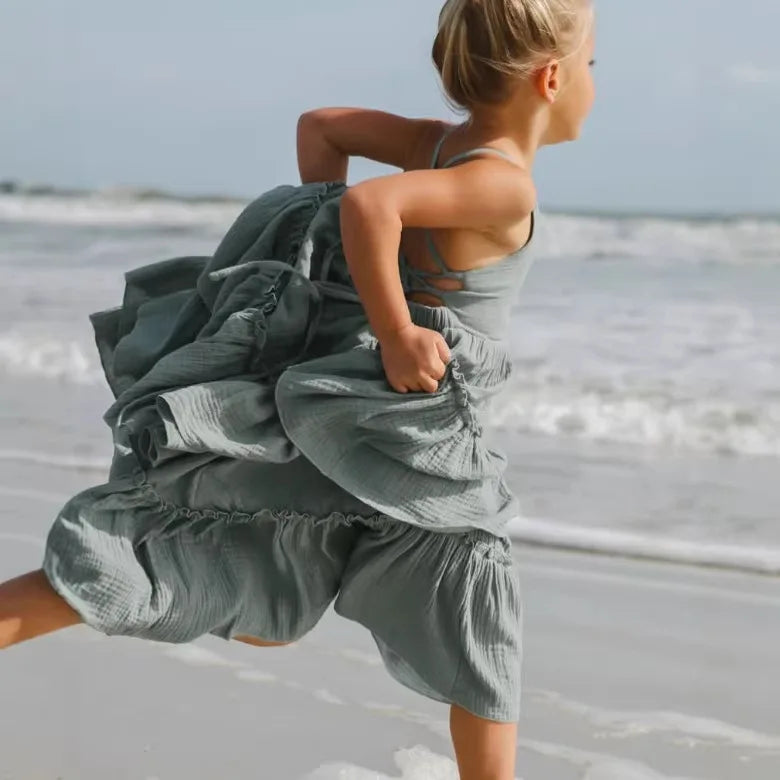 2026 Nordic Girls Spring Summer Cotton Linen Backless Bohemian Lace Mid Length Children Vest Dress