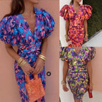 Elegant Women's Dresses Summer Print V-neck Tight Short Sleeved Women