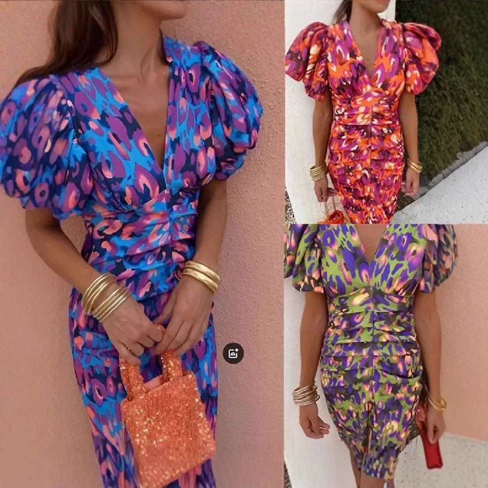 Elegant Women's Dresses Summer Print V-neck Tight Short Sleeved Women Retro Vestidos De Fiestas Vacation Mujer Robe Femmes Party