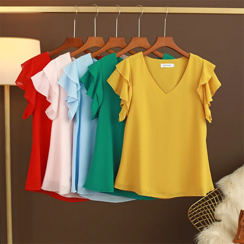 2026 Fashion Summer Dress Women Blouse Top New Short Sleeved V-neck Chiffon T-shirt Women's Loose and Versatile Small Shirt