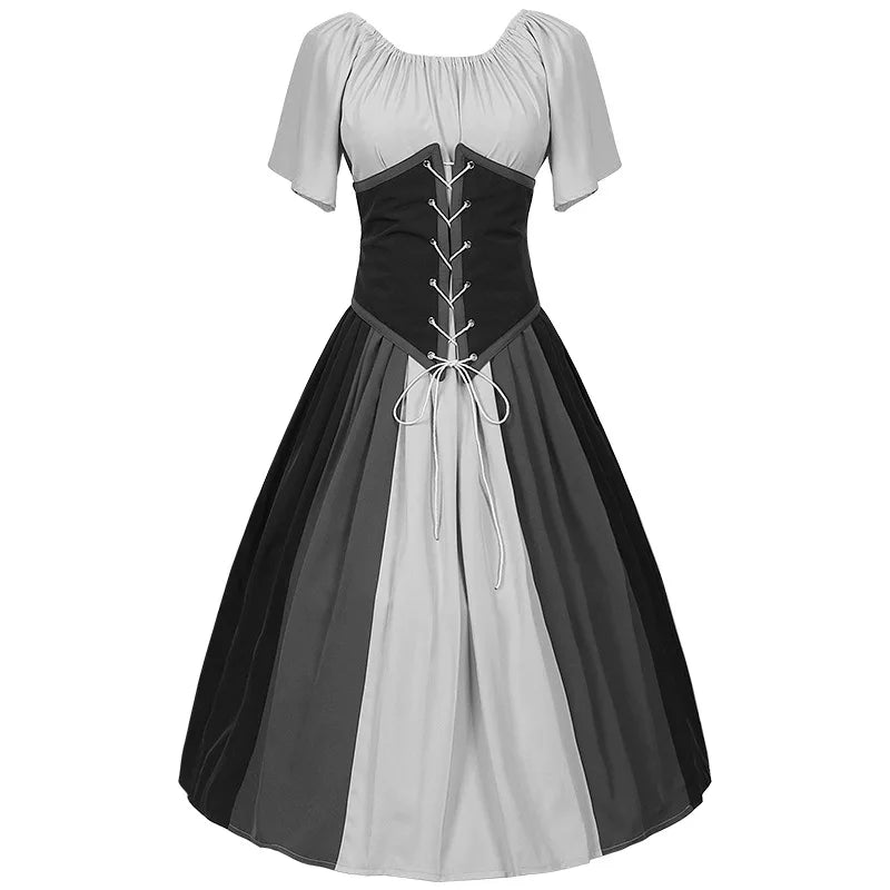 Costumes Halloween pour femmes,robe trapèze rétro médiévale,couleur contrastée,robe à épaules en un mot