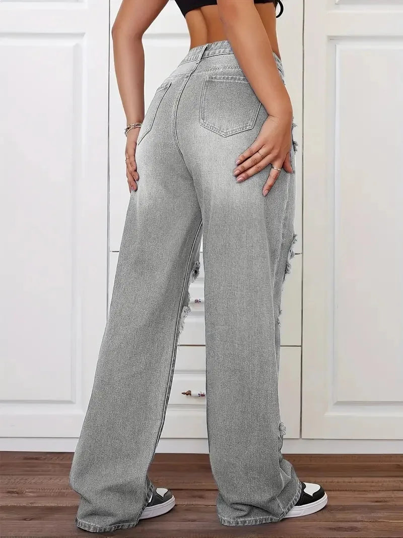 Jean femme taille haute déchiré – Coupe wide leg streetwear