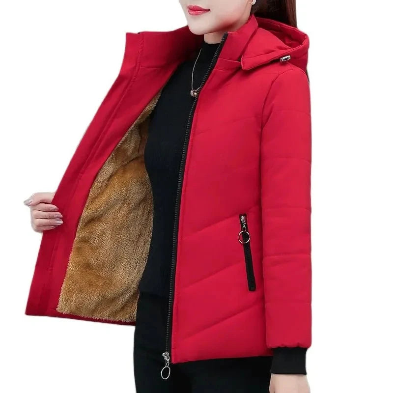 2025 New Women Add Velvet Cotton Jacket Female Winter Fleece Warm Hood Fashion Coat Ladies Down Padded Jackets M- 5XL Coat
