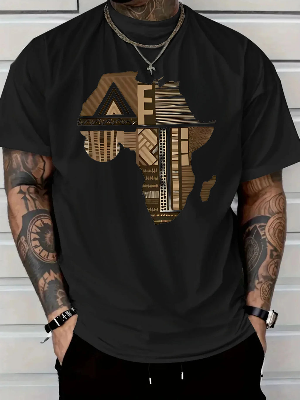 Men'S Plus Size White T-Shirt with Africa-Inspired Golden Print -  Comfort Fit Lightweight Breathable