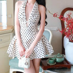 YENKYE French Style Retro Polka Dot Deep V Halter Dress Women Sexy