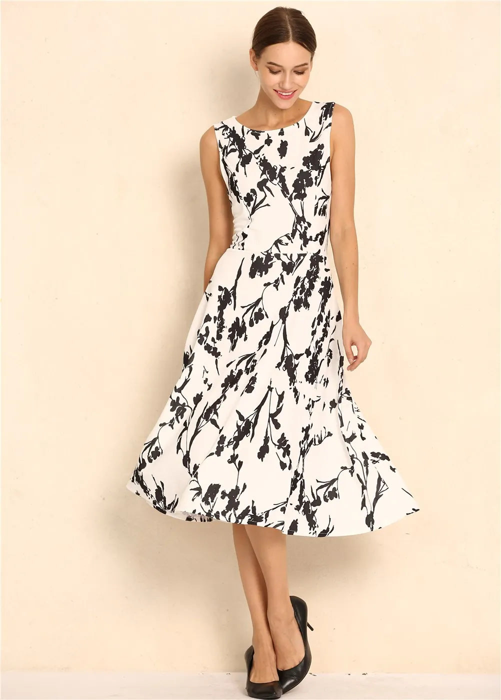 Summer Women Dress Clothing Floral Print Robe Retro Swing Casual Vintage Rockabilly