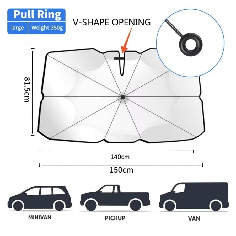 Windshield Sun Shade with 360° Pull Cord Anti-Scratch Handle - Upgraded Sunshade for Car Windshield with Double-Layer Fabric