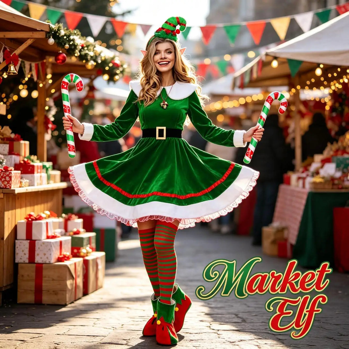 Women's Christmas Elf Costume Set Smooth Velvet Dress Belt Accessories Striped Knee High Socks and Elf Hat Holiday Party Outfit