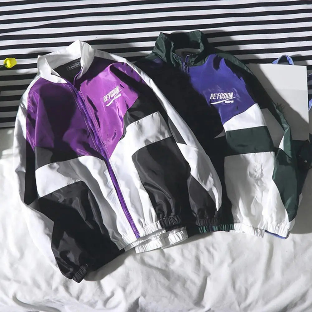 Veste Coupe-Vent Homme Bicolore – Streetwear Hip-Hop Col Revers Zipée