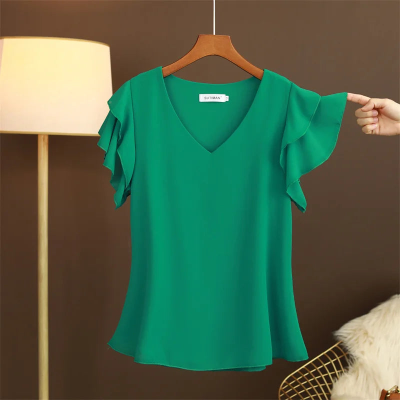 2026 Fashion Summer Dress Women Blouse Top New Short Sleeved V-neck Chiffon T-shirt Women's Loose and Versatile Small Shirt