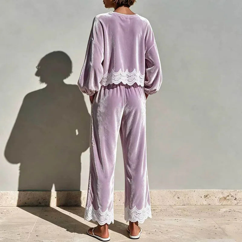 Round Neck Velvet Set Women Balloon Long Sleeve Scallop Lace Hem Top & Wide Leg Pants Suit Elegant Casual Holiday 2 Piece Outfit