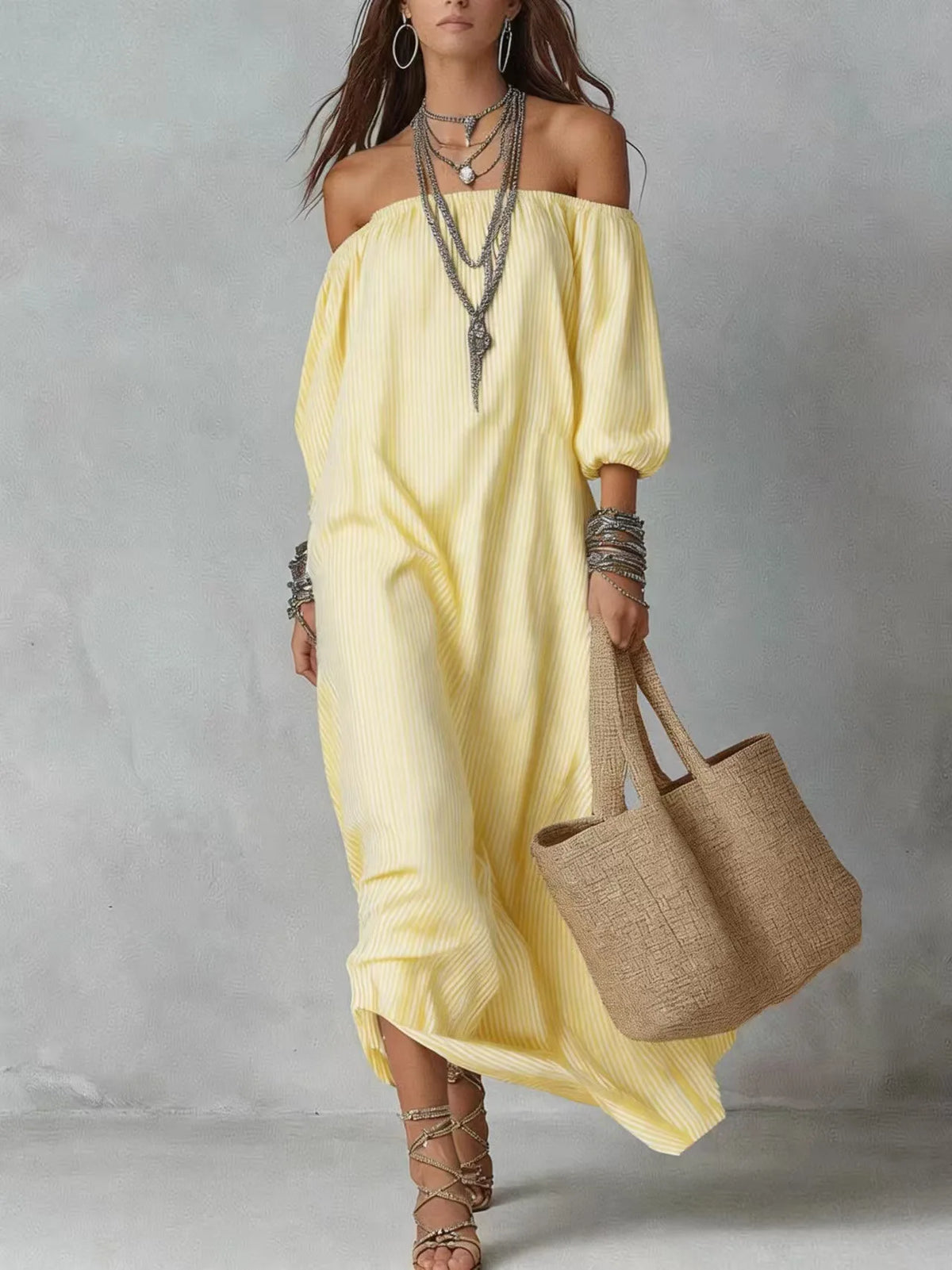 Casual Dresses New Spring Summer Elegant Striped Off-shoulder Loose Holiday Fashion Dress For Women Office Holiday Party Dress