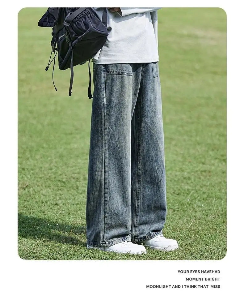 Retro Washed Cracked Jeans Men's Trendy Brand Ruffian Handsome High Street Pants Loose Straight Trousers Baggy Jeans for Man