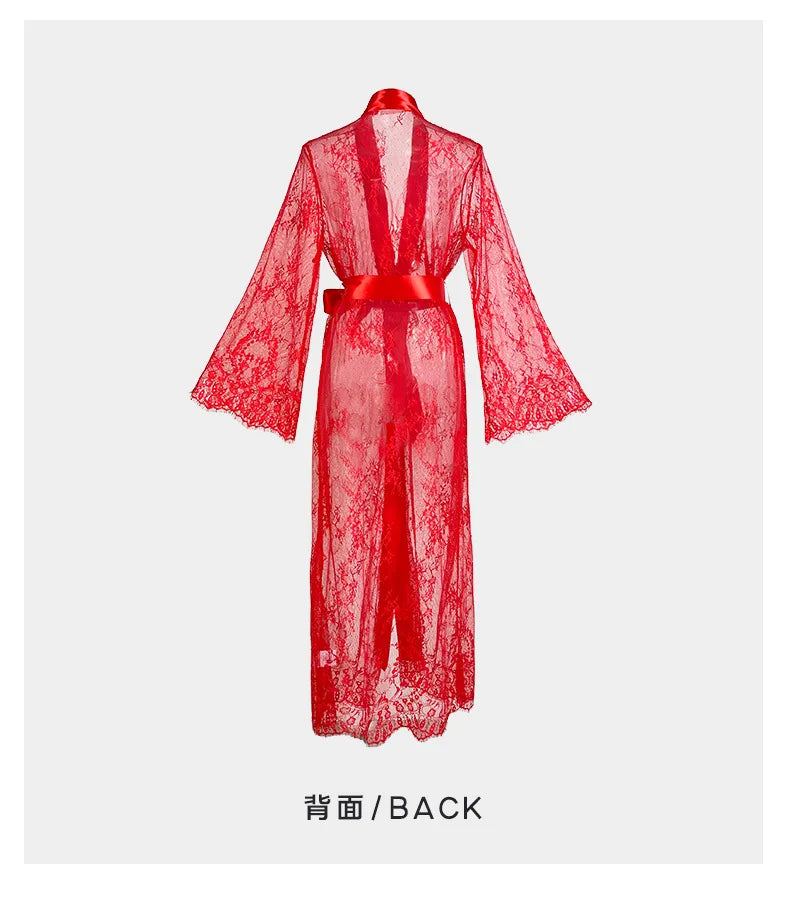 Women's Sheer Lace Robe Sexy See Through Nightgown with Jacquard Lace Floral Trim Satin Lounge Dress for Kimono Robe Home Wear