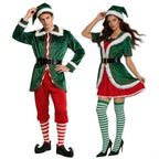 Christmas Elf Costume for Adults Men Women Couple Green Velvet Dress Suit Belt Hat Striped Stockings Xmas Party Cosplaywear
