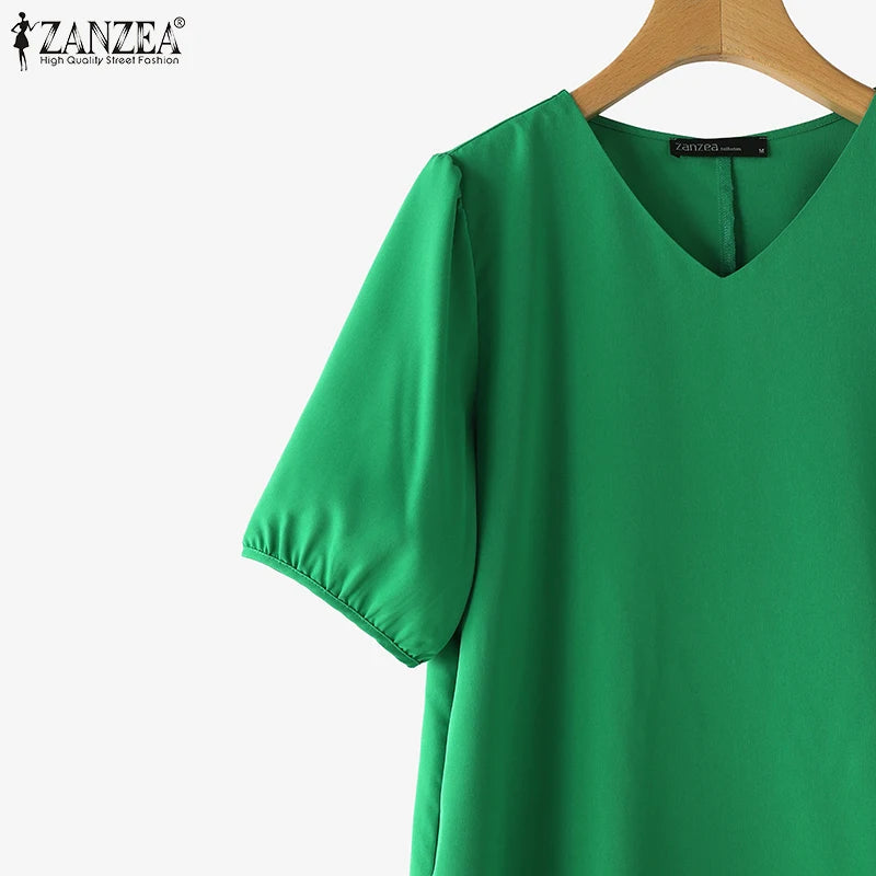 ZANZEA 2025 Fashion Summer Dress Women V Neck Short Sleeve Holiday Sundress Casual Loose Party Work Vestidos Kaftan Robe Femme