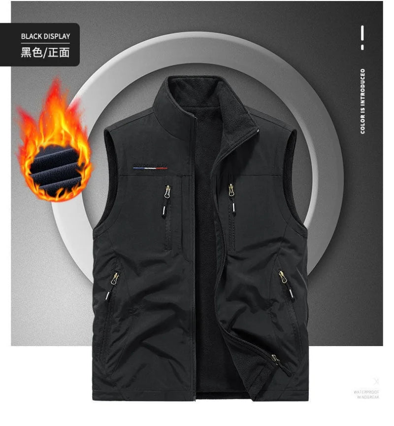 Men's Thickened Double-Sided Fleece Vest for Outdoor Sports Warm Comfortable Fleece Jacket Attached Multipurpose Vest