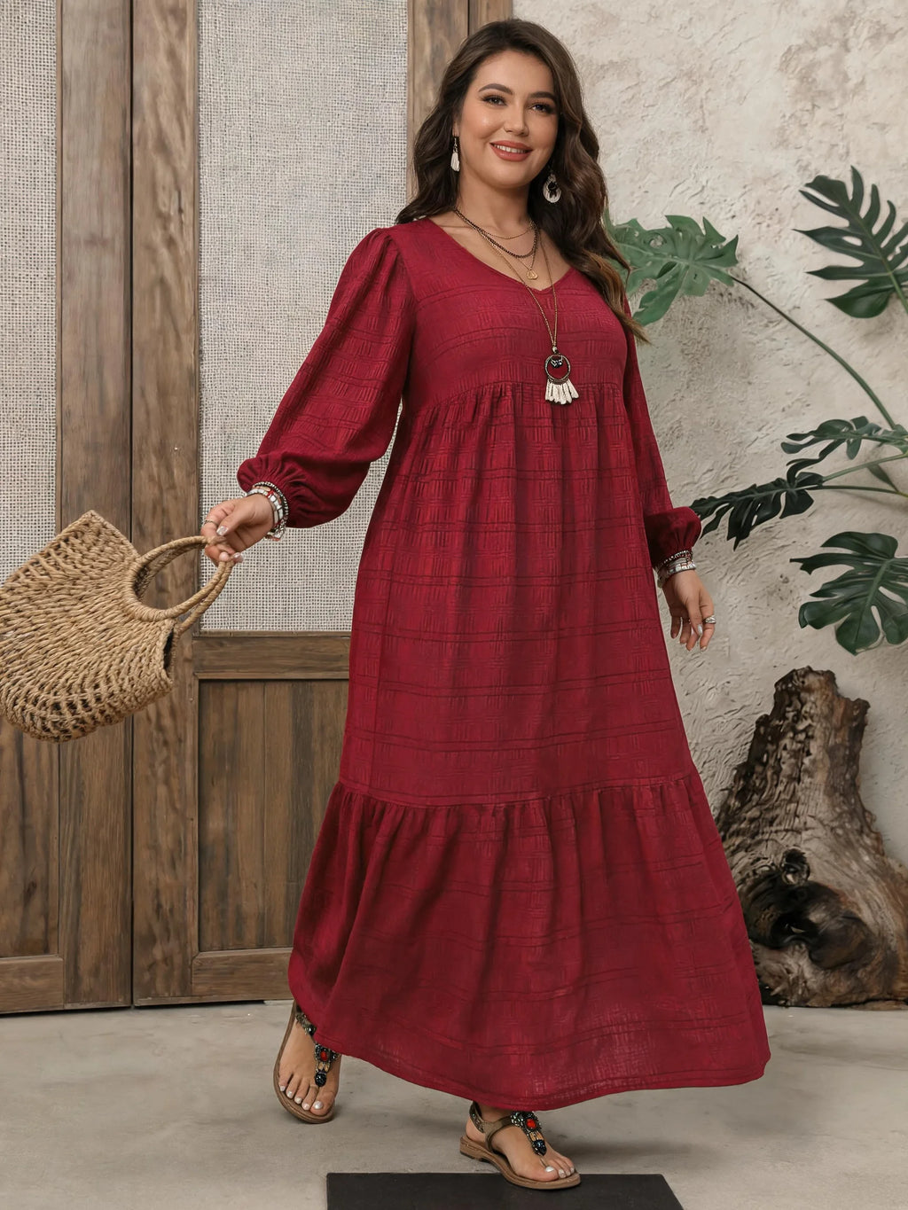 Plus Size Women Solid Textured Dress Stretchy V Neck Lantern Sleeve Loose Tiered Casual Maxi Dress