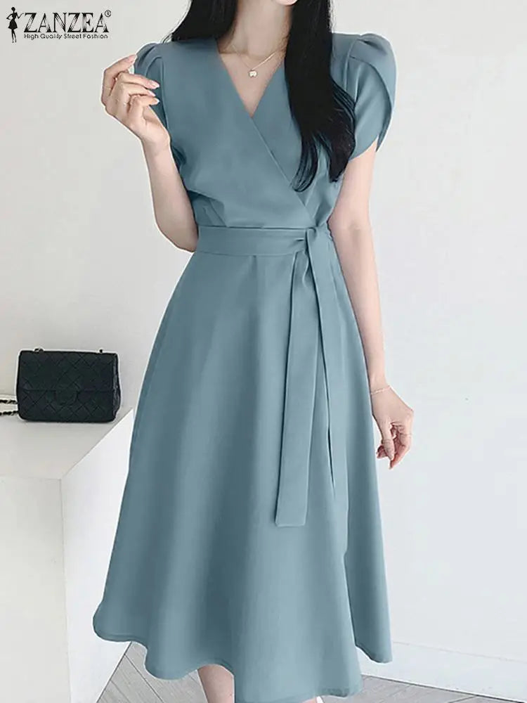 Women Fashion OL Work Sundress ZANZEA Elegant Summer Short Sleeve Dress Casual Solid A Line Vestido Kaftan Sarafans Robe Femme