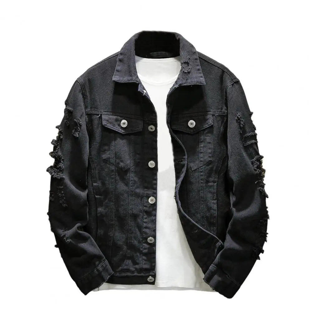 Veste Jean Homme Troue – Manteau Denim Ample Col Revers Streetwear Automne Hiver