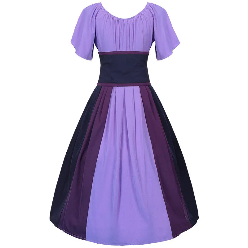 Costumes Halloween pour femmes,robe trapèze rétro médiévale,couleur contrastée,robe à épaules en un mot