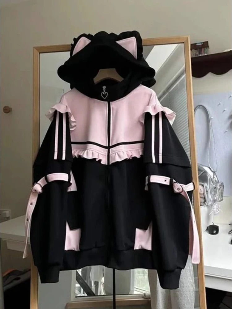 Sweat Oreilles de Chat Femme – Kawaii Harajuku Y2K Capuche Zipé Oversize