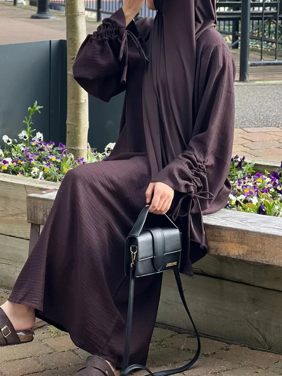 Vestidos Muslim Women Dubai Abaya Drawstring Sleeve Long Dress Kaftan Solid Modest Ramadan Robe Plus Size Femme Islamic Clothing