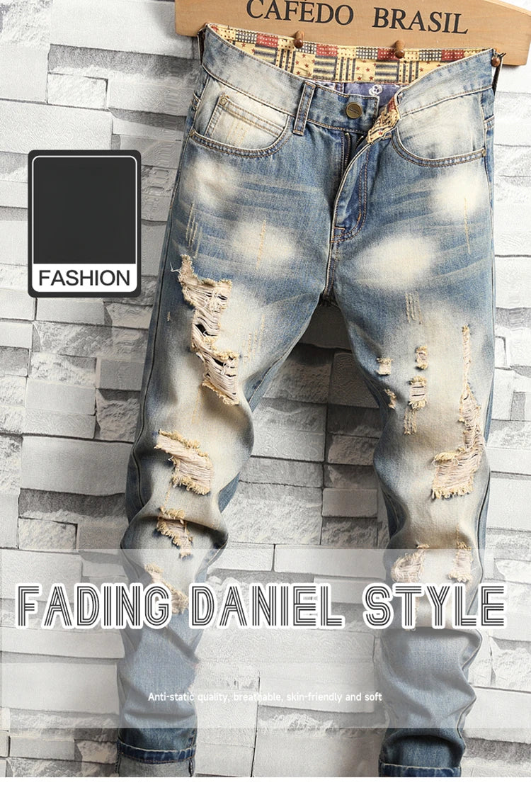 Jean homme déchiré bleu vintage – Streetwear délavé