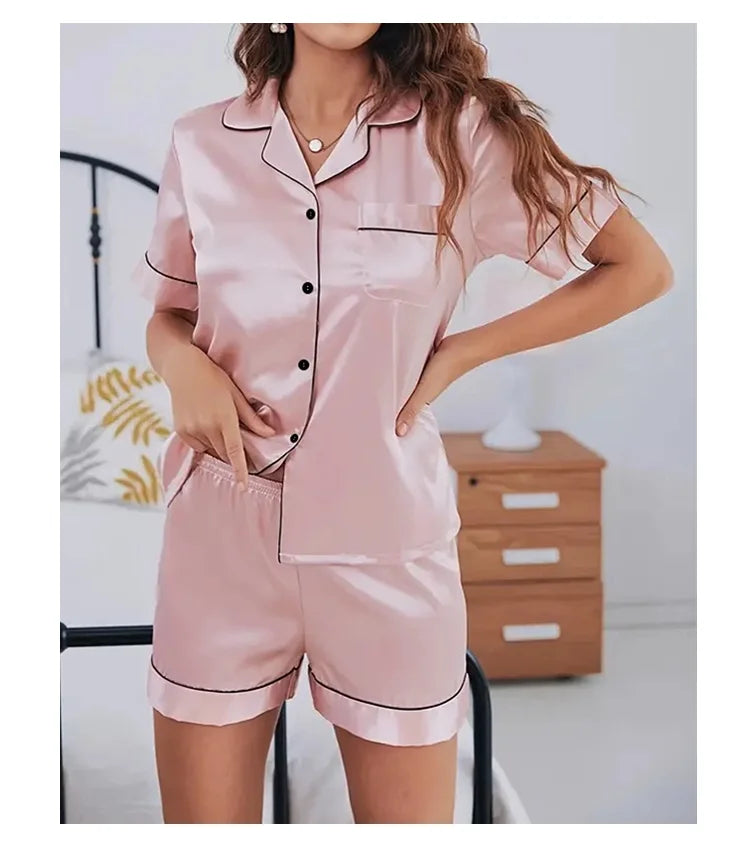 Elegant Satin Solid Pajamas Set Short Sleeve Lapel Buttons Top And Shorts Breathable Fabric Skin-Friendly Fit Women's Sleepwear